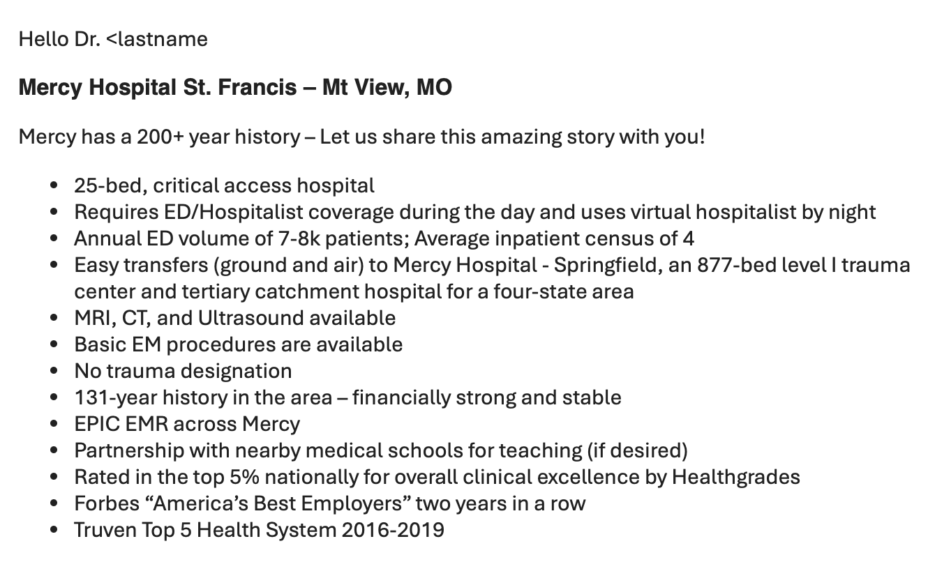 Recruiter email beginning with Hello Dr. lastname