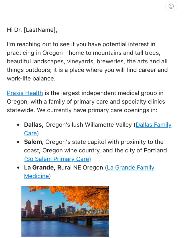Recruiter email beginning with Hi Dr. LastName
