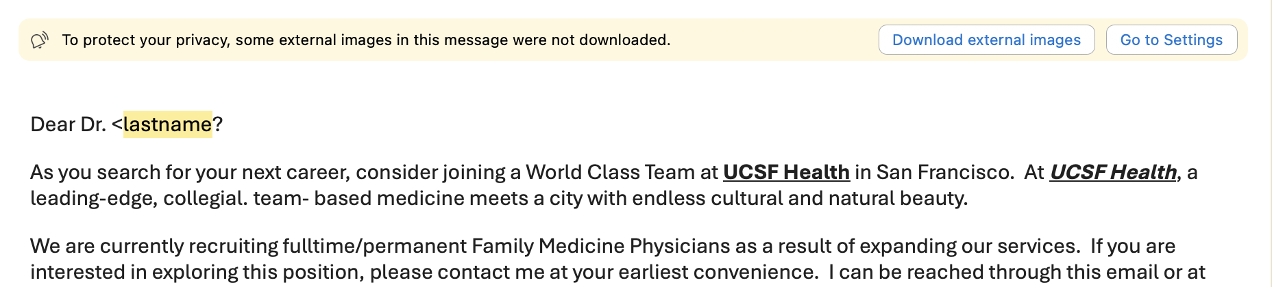 Recruiter email beginning with Dear Dr. lastname with lastname highlighted as a template field