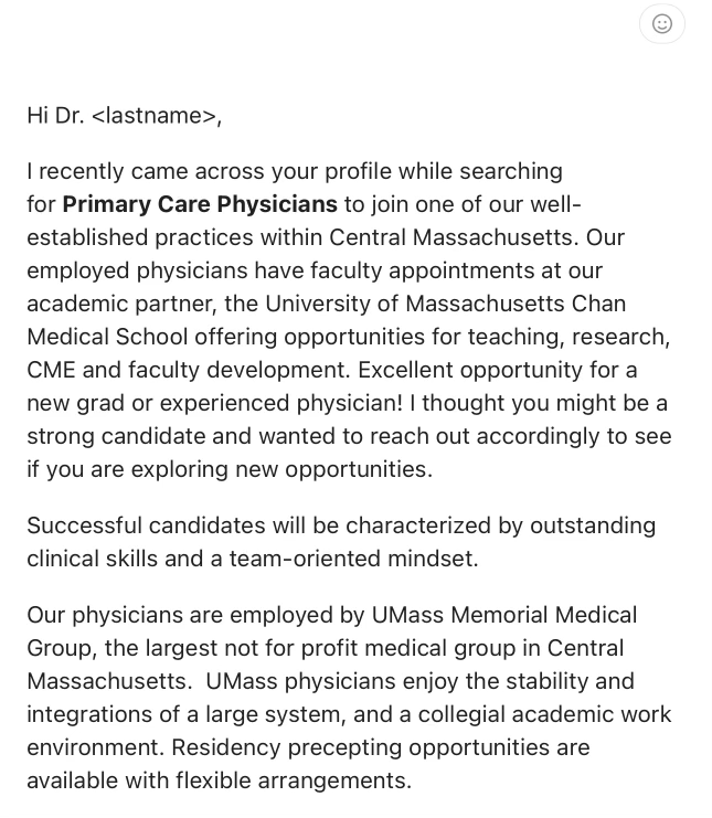 Recruiter email beginning with Hi Dr. lastname